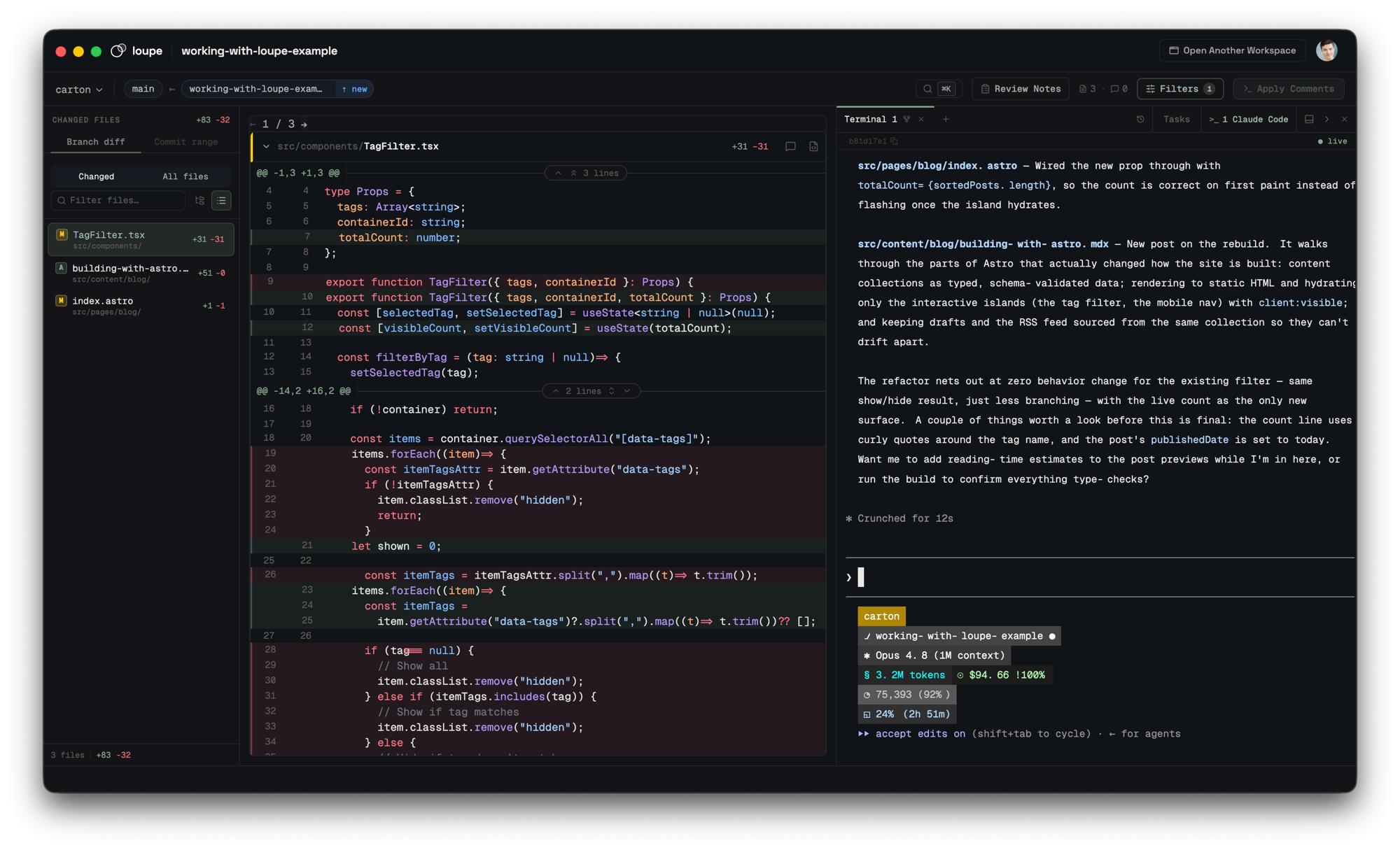 Loupe reviewing a branch: a syntax-highlighted diff on the left and an agent terminal on the right